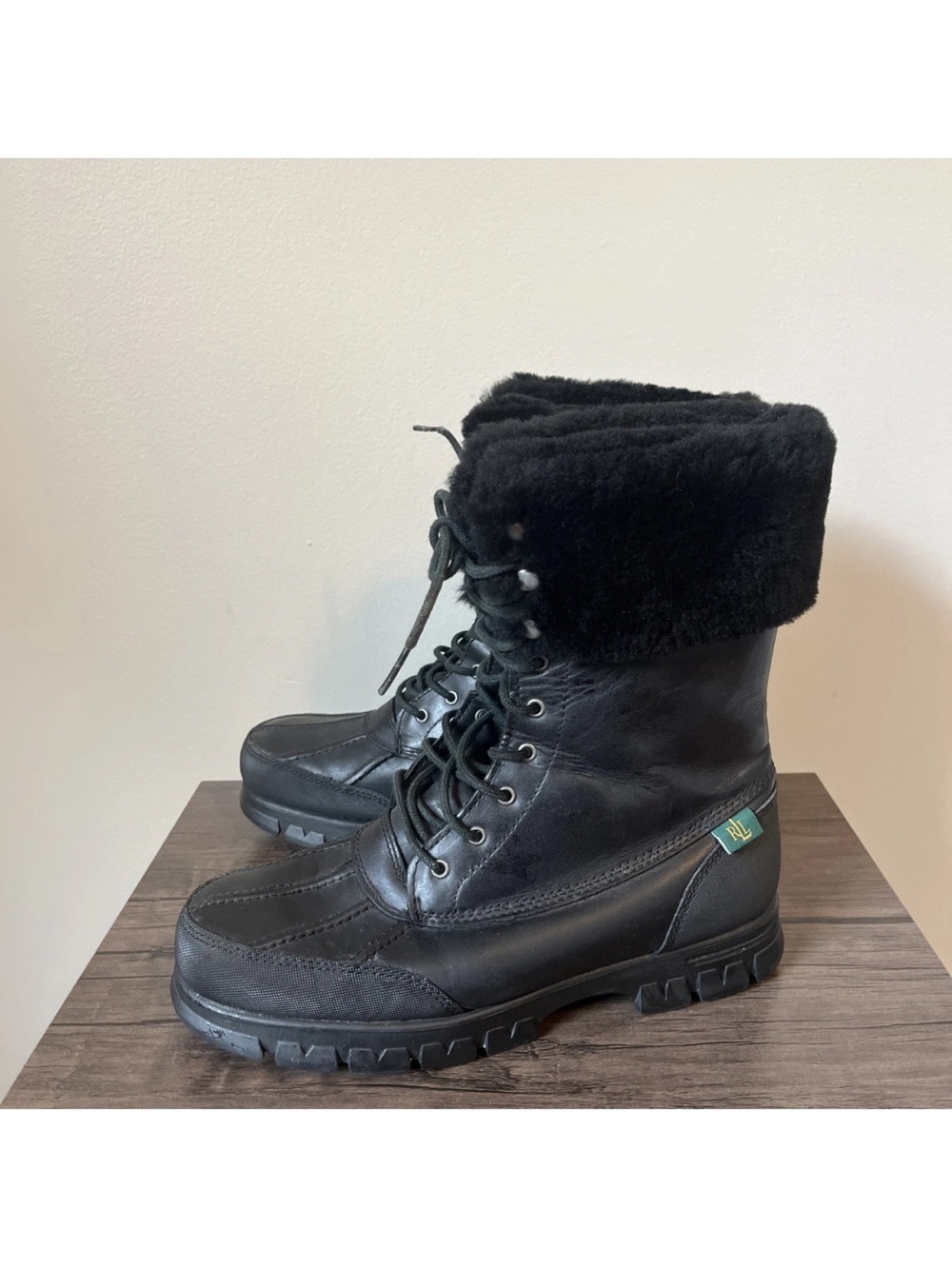 Lauren Ralph Lauren Quinta Leather Boots Women's Dyed Sheep Fur Collar Size 8.5